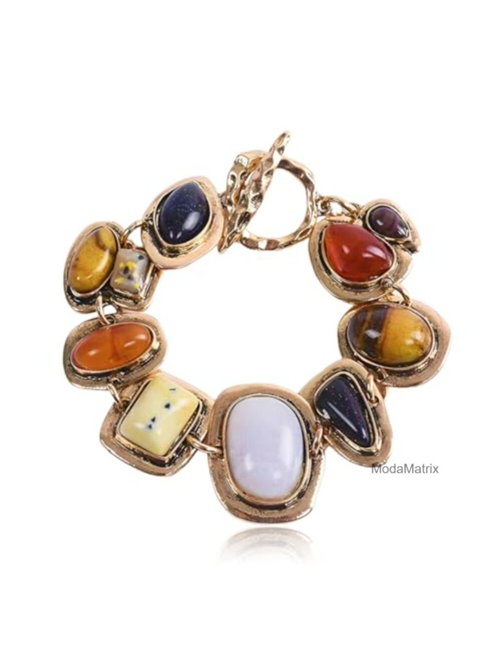 Handmade Natural Stone Link Bracelet Gold-Tone Metal Boho Western Ethnic